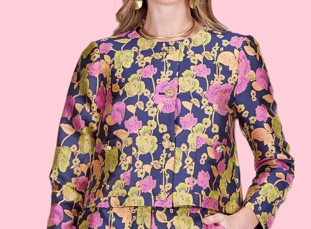 NEW JADE botanical bloom brocade crop jacket in navy multi